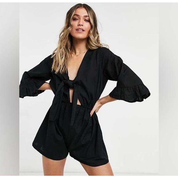 ASOS Pants - Asos Design Womens Romper Playsuit Black Tie Front Linen Cotton Knit 6 New